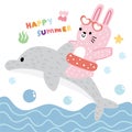 Cute rabbit soft hair on dolphin ocean background.Rodent and marine animal
