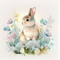 Cute rabbit in spring flowers. Pastel colors. Watercolor style. AI generation Royalty Free Stock Photo