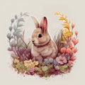 Cute rabbit in spring flowers. Pastel colors. Watercolor style. AI generation Royalty Free Stock Photo