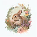 Cute rabbit in spring flowers. Pastel colors. Watercolor style. AI generation Royalty Free Stock Photo