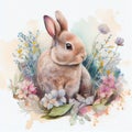 Cute rabbit in spring flowers. Pastel colors. Watercolor style. AI generation Royalty Free Stock Photo