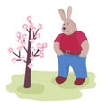 A cute rabbit stands in the garden near a flowering tree. Vector illustration isolated on white background