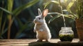 Adorable White Bunny Rabbit Standing on Wooden Table Outdoors in Sunlight Royalty Free Stock Photo