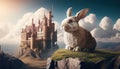 A cute rabbit stands in a magical castle in a dreamland, surrounded by enchanting lights and sparkles