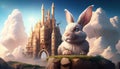 A cute rabbit stands in a magical castle in a dreamland, surrounded by enchanting lights and sparkles