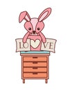 Cute rabbit of stuffed with heart love pillows in drawer