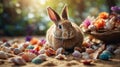 Adorable Brown Bunny Rabbit Surrounded by Colorful Seashells on Sandy Beach Royalty Free Stock Photo