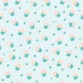 Cute rabbit in teacup and hearts illustration, seamless pattern on blue background