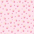 Cute rabbit in teacup and hearts illustration, seamless pattern on pink background