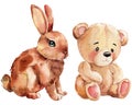Cute rabbit and teddy bear toy, animal on isolated white background. Watercolor hand drawn illustration Royalty Free Stock Photo