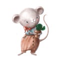 Cute mouse toy with cactus, hand drawn watercolor children`s illustration, clipart with cartoon character Royalty Free Stock Photo