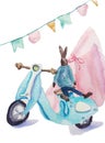 Cute rabbit toy, wooden blue scooter and pink teepee Royalty Free Stock Photo