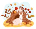 Cute rabbit and tree stump with forest mushrooms, acorns, rowan and autumn leaves. Illustration for children, print, vector