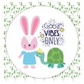 Cute rabbit and turtle cartoon good vibes only card