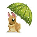Cute rabbit under a green umbrella isolated on white background. Vector illustration of cartoon brown hare. Royalty Free Stock Photo