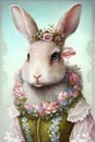 Bunny in Victorian dress with flowers. Rabbit for t-shirt graphics. Generative AI