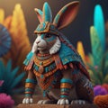 a cute rabbit wearing aztec custome