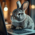 cute rabbit wearing glasses focused on coding at laptop in cozy setting