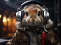Cute rabbit wearing a warm jacket and headphones listening to music. Generated by AI