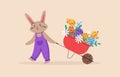 Cute rabbit with wheelbarrow and little chicks. Funny vector illustration. Easter day concept. For greeting cards Royalty Free Stock Photo