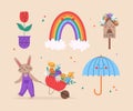 Cute rabbit with wheelbarrow and little chicks. Spring set of cute objects. Funny vector illustration. Easter day Royalty Free Stock Photo