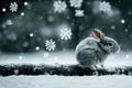 Cute rabbit winter in the snow, snowdrifts, fluffy snow. Falling snow, falling snowflakes