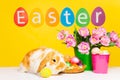 Cute rabbit and word Easter on yellow background