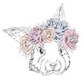 Cute rabbit in a wreath of flowers. Rabbit vector.