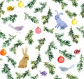 Cute rabbits, birds, christmas tree, baubles. Seamless pattern. Watercolor