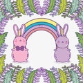 Cute rabbits cartoon animals rainbow and foliage decoration