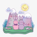 Cute rabbits cartoon characters landscape mountains sunny day