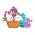 Cute rabbits couple with easter egg painted in basket Royalty Free Stock Photo