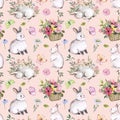 Cute rabbits and flowers seamless pattern. Watercolor Happy Easter print, nursery holiday design. Hand painted baby bunny, leaves Royalty Free Stock Photo