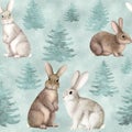 Cute rabbits in forest watercolor seamless pattern. Bunnies and spruce trees fantasy woodland background for kids. Sweet animals