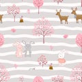 Cute rabbits and friends happy on pink garden,seamless pattern with blooming flowers on springtime for decorative,kid product,