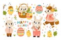 Cute rabbits. Funny bunnies and chickens with Easter patterned eggs. Flower and leaves. Festive hunter with basket