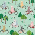 Cute rabbits the gang with bicycle happy in the garden seamless pattern for kid product,fashion,fabric,textile,print or wallpaper