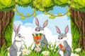 Cute rabbits in jungle scene