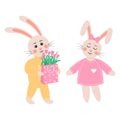 Cute rabbits in love. Bunny boy gives a bag of tulips to a bunny girl. Cartoon forest characters