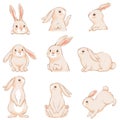 Cute rabbits with pink ears in different funny poses. Characters for easter design. Imitation of handmade watercolor