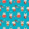 Cute rabbits seamless pattern. New Year China horoscope symbols. Bunny with national costumes. Lucky holiday signs Royalty Free Stock Photo