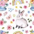 Cute rabbits seamless pattern. Watercolor Happy Easter print, nursery wallpaper design. Hand painted baby bunny, spring flowers Royalty Free Stock Photo