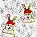 Cute rabbits using red cup hat necklaces and gold glasses happy funny, bunny cute smile, fun, cartoon seamless pattern, can be