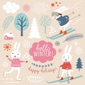 Cute rabbits and winter grachic elements Royalty Free Stock Photo