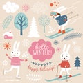 Cute rabbits and winter grachic elements