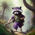 A raccoon adventurer walks through the wild jungle