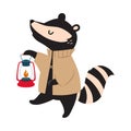 Cute Raccoon as Forest Animal Walking with Lantern Vector Illustration