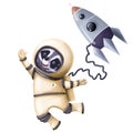 Cute raccoon astronaut with space rocket, watercolor illustration, children`s clipart with cartoon character