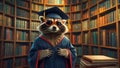 Cute raccoon in a bachelor\'s cap in the library