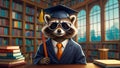 Cute raccoon in a bachelor\'s cap in the library educational